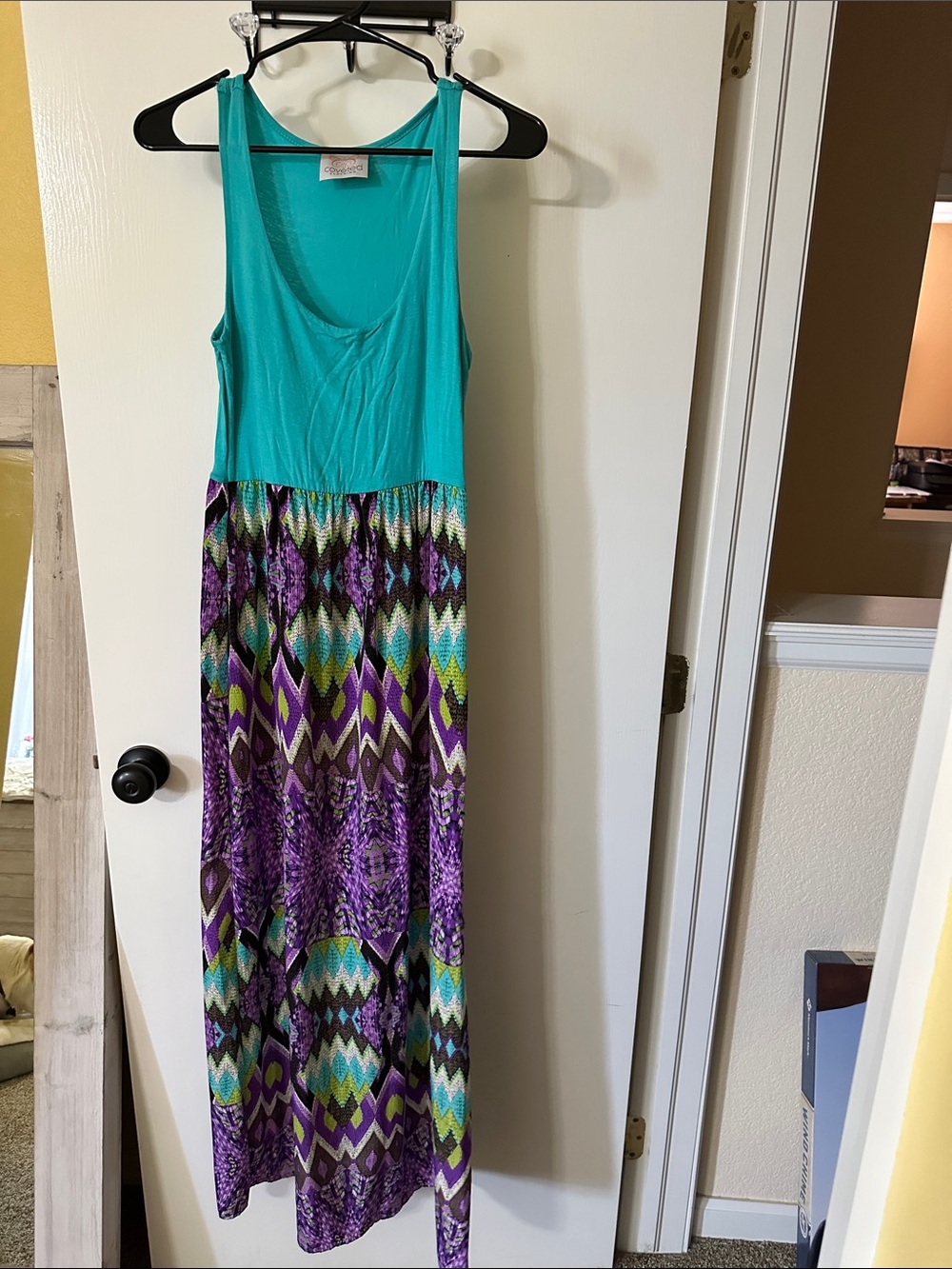 Coveted Clothing Teal and Purple Patterned Maxi Dress